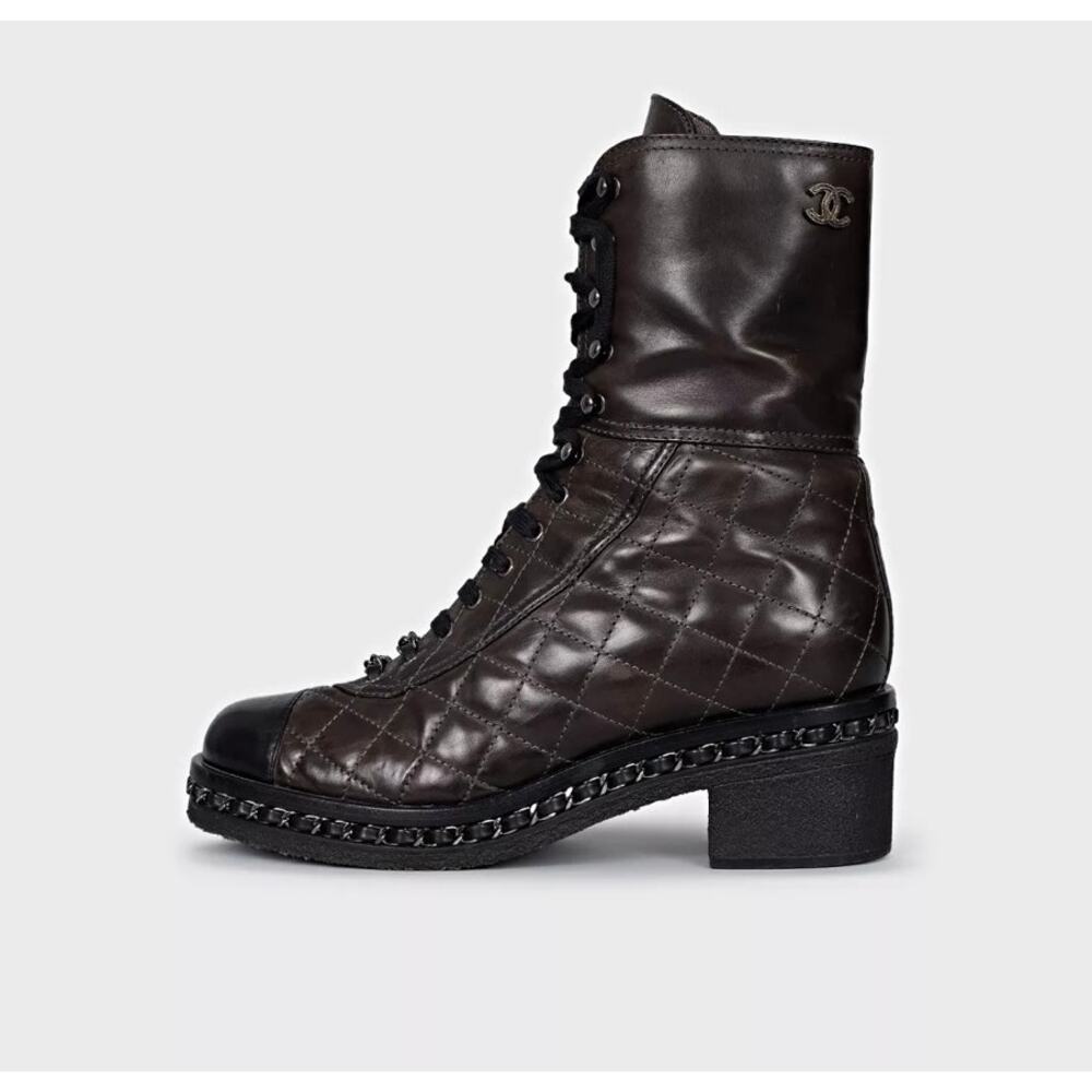 Chanel Brown Quilted Leather Lace-Up Boots - Size 8/38